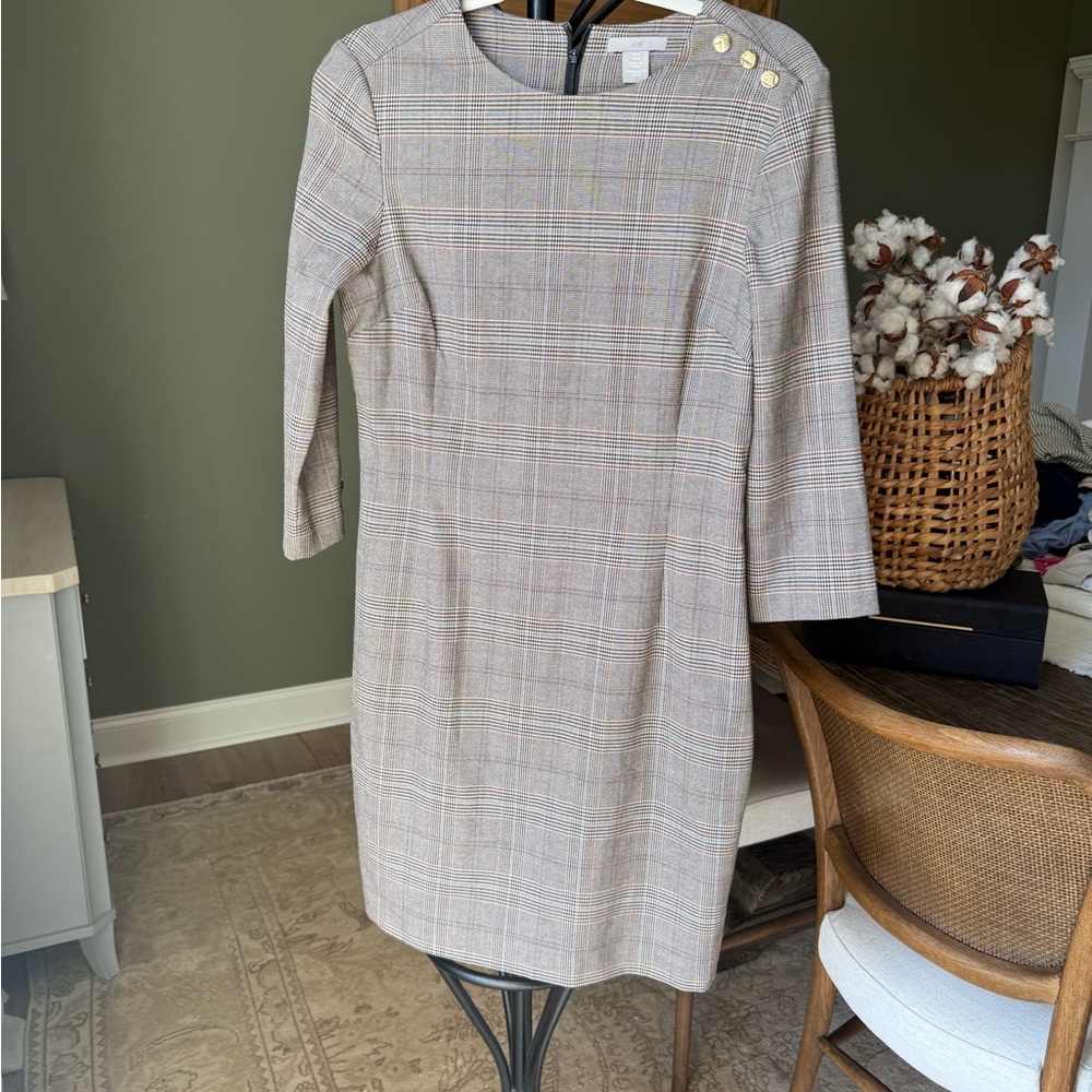 H&M Beige Plaid Long Sleeve Dress